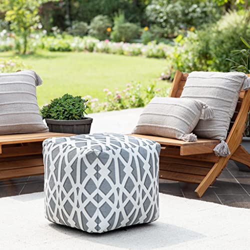 Anji Mountain Artisan Crafted Cotton Blend Pouf Ottoman | Versatile Floor Seating & Footstool for Living Room | Modern Boho Home Décor Accent | Filled Pouffe - color: Silvered Trellis