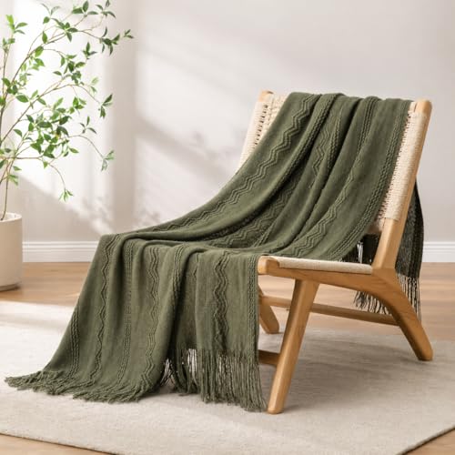 BATTILO HOME Olive Green Throw Blanket for Couch, Soft Army Green Blanket with Tassels for Home Decor, Decorative Knitted Throws for Couch Cover, 50"x60" - color: Army Green, size: 50 x 60 in.