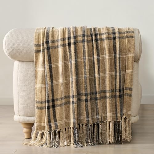 EverGrace Plaid Chenille Throw Blanket for Couch, Super Soft Cozy Decorative Farmhouse Plaid Throw with Tassels, Lightweight Chenille Knit Throw for Bed Sofa Gift Home Decor, Khaki Grey 50”x60” - color: Plaid Khaki & Grey, size: 50"x60"