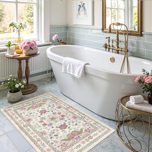 Deerly Floral Rugs for Entryway 2x3 Washable Small Vintage Boho Bathroom Door Mat Non-Slip Soft Low Pile Thin Indoor Carpet for Kitchen Entrance Farmhouse Throw Rug, Beige/Light Pink/Multi - color: Beige/Light Pink/Multi, size: 2' x 3' (Rectangular)