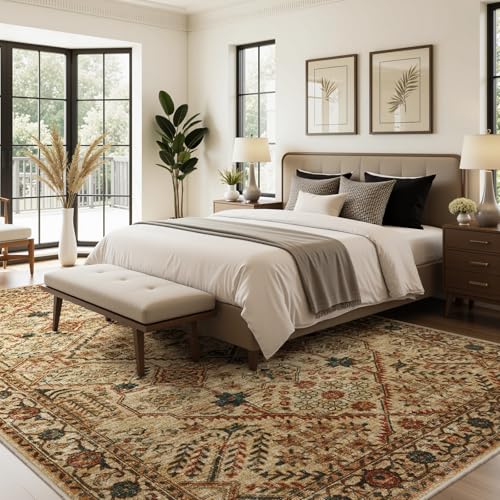 Joydeco 5x7 Area Rugs for Living Room, Machine Washable Vintage Area Rugs, Low Pile Non Slip Carpet, Lightweight Chenille Print Rug for Bedroom, Dining Room, Home Office, Tan - color: Tan, size: 5' x 7' (Rectangular)