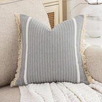 CARRIE HOME Modern Farmhouse Grey Pillow Covers 18x18 with Tassels 1 Pack, Neutral Gray Striped Throw Pillow Covers 18 x 18, Grey Cotton Woven Boho Couch Pillows for Couch Bed (No Pillow Inserts) - color: Grey (With Tassels), size: 18" x 18" (Pack of 1)
