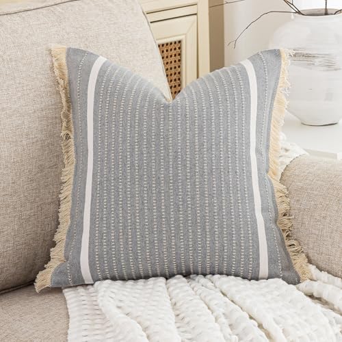 CARRIE HOME Modern Farmhouse Grey Pillow Covers 18x18 with Tassels 1 Pack, Neutral Gray Striped Throw Pillow Covers 18 x 18, Grey Cotton Woven Boho Couch Pillows for Couch Bed (No Pillow Inserts) - color: Grey (With Tassels), size: 18" x 18" (Pack of 1)