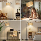 Rattan Floor Lamp, Dimmable Boho Floor Lamp, Farmhouse Arc Standing Lamp with Adjustable Rattan & Fabric Shades, Modern Lamp Tall Lamp for Living Room Bedroom Office Reading Room, Bulb Included - color: Black with rattan shade