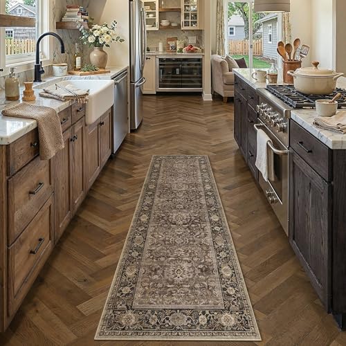 HUGEAR Brown Washable 2x5 Runner Rugs for Hallway Entryway Vintage Distressed Neutral Rug Carpet Durable Soft Non Slip & Shedding Stain Resistant Low Pile Indoor Home Decor - color: Retro | Brown, size: 2' x 5' (Runner)