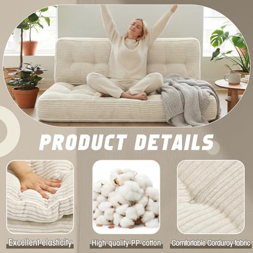 Vercraft 63 Inch Folding Sofa Bed Convertible Chair, 2-in-1 Convertible Boneless Sofa Floor Cushions Couch Mattress Oversized Corduroy Upholstered Sleeper Chair for Living Room Guest Apartment(Beige)