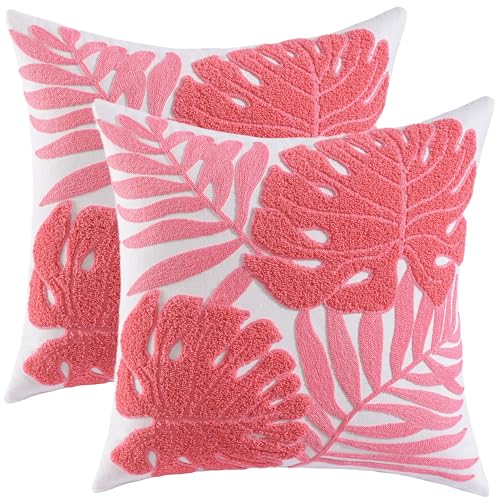 Embroidered Throw Pillow Covers 18x18 Pack of 2 Pink Botanical Tropical Leaf Pillow Covers Beach Ocean-Themed Decorative Cushions Case Farmhouse Boho Plant Tufted Pillowcases for Summer - color: Pink Tropical Leaf, size: 18" x 18" (Pack of 2)