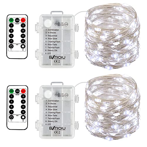 BXROIU 2 x Fairy Lights Battery Operated,Silver Wire Chains 8 Mode 16Ft/5Meter 50 LEDs Timer String Lights with Remote Control for Bedroom Christmas Party Wedding Decoration (Cool White) - color: 2Pack(3AA,not included)Cool White