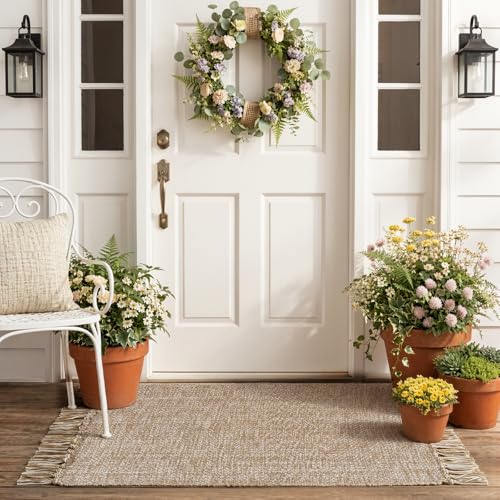 Collive Kitchen Runner Rug, 2' x 4.3' Modern Farmhouse Washable Entryway Door Mat, Tan Bathroom Carpet Hand Woven Reversible Indoor Outddor Rugs for Hallway Foyer Bedroom Decor - color: Tan/Cream, size: 2' x 4.3' (Rectangular)