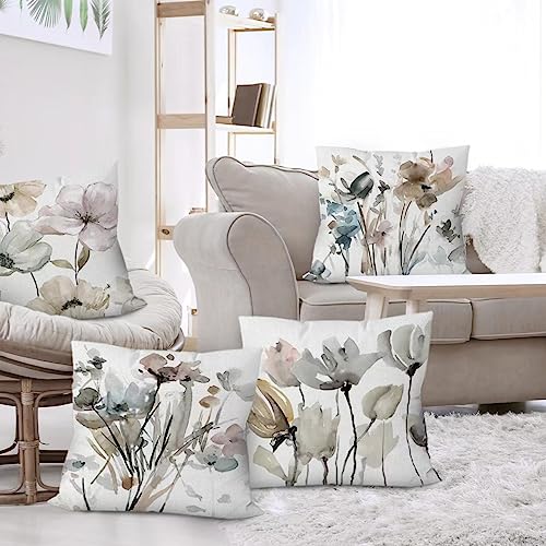 COMMINY Brown White Grey Pillow Covers 16x16 Set of 6, Watercolor Flower Throw Pillow Cover for Couch, Modern Floral Cushion Cover for Sofa Bedroom Living Room Farmhouse Home Decor - color: Modern Flower, size: 16" x 16" (Pack of 6)