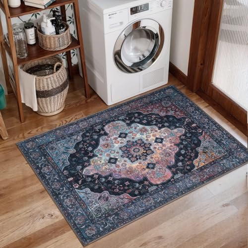 2x3 Entryway Rug, Vintage Rug with Non Slip Backing, Washable Rugs Low Pile Indoor Small Area Rug for Front Door Entrance Kitchen Bedroom Bathroom, Blue/Multi Retro Doormat Carpet - color: Navy/Multi, size: 2' X 3' (Rectangular)