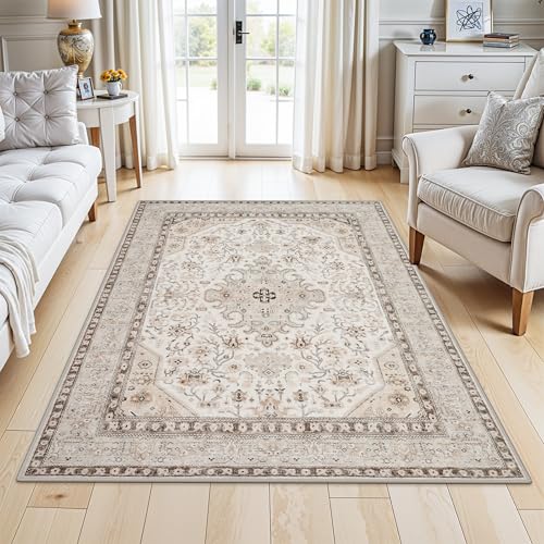 HILORUUG 4x5 Rug Entryway Washable: Non-Slip Oriental Area Rug for Bathroom Kitchen- Farmhouse Low Pile Stain Resistant Carpet Long Thin Front Door Mat (4x5 Ivory/Grey/Multi) - color: Ivory, size: 4' x 5' (Rectangular)