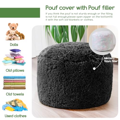 HIGOGOGO Round Stuffed Pouf Ottoman, Long Faux Fur Poufs with Foam Chunk Filling, Fluffy and Furry Pouf Foot Stool Storage Ottoman, 26 X 18 Floor Poufs Foot Rest for Living Room, Black - color: Black, size: 26"D x 26"W x 18"H