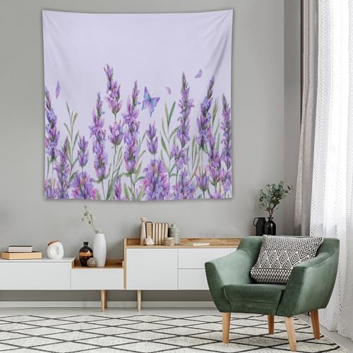 HZOHNAGO Lavender Flower Tapestry Watercolor Purple Floral Butterfly Pattern Printed Wall Tapestry Wall Hanging for Bedroom Living Room Dorm 60" W x 60" H - color: Lavender-10, size: 60"L x 60"W