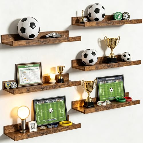 upsimples 6 Pack Wooden Floating Shelves, Wall Storage Decor Shelf for Bathroom, Bedroom, Living Room, Kitchen, Office and Laundry Room, Wall Mounted Display Hanging Shelf, Brown - color: Brown, size: 15.7in