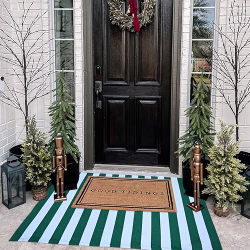 Green and White Striped Outdoor Rug St. Patrick's Day Rug 27.5'' x 43'' Spring Doormat Layered Welcome Mat for Farmhouse Easter Spring Front Porch Entryway Decor - color: Green and White, size: 2'4" x 3'7" (Rectangular)