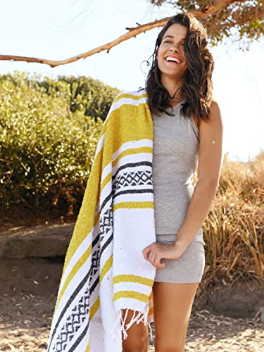 Gray and Yellow Mexican Blanket by Laguna Beach Textile Co - Beach, Yoga, Camping, or Decorative Throw Blanket - Traditional Handmade Serape - Yellow Stone - color: Yellow Stone