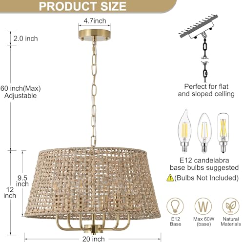 20" Rattan Large Boho Chandelier Ceiling Light Fixture, 6-Light Farmhouse Wicker Hand-Woven Chandelier Rattan Ceiling Pendant Light Fixture for Dining Room Bedroom Hallway Kitchen Island(Gold) - color: Gold 6-Light 20" T-Shape