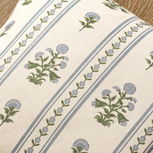 Decorative Vintage Striped Floral Throw Pillow Covers 18x18 Inch Set of 2 Blue Green Farmhouse Boho Botanical Print Cushion Covers for Sofa Couch Chair Bedroom Living Room Summer Home Decor - color: Blue Green, size: 18" x 18" (Pack of 2)