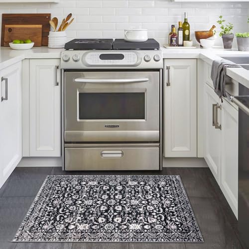 Lansny Vintage Entryway Rug 2x3 Washable, Black and White Kitchen Rug, Super Soft Thin Faux Wool Small Area Rug, Non-Slip Accent Mat for Foyer, Bedroom, Office - color: Black and White, size: 2' x 3' (Rectangular)