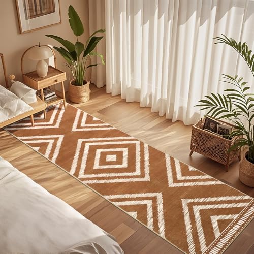 2x10Ft Boho Runner Rugs for Hallway Non Slip, Brown Washable Kitchen Rug Runners, Soft Moroccan Farmhouse Entryway Runner, Low Pile Geometric Floor Carpet for Bedroom Home Decor - color: Brown, size: 2' x 10' (Rectangular)