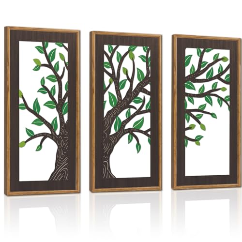 KAIRNE Wooden Tree Branch Framed Wall Art(Set of 3, 16”x8”),Abstract Tree of Life Hollow Artwork Decor,Rustic Birch Green Leaves Wood Decor,Modern Tree Farmhouse Decor for Living Room Bedroom Kitchen - color: Tree Branch, size: 8"L x 16"W