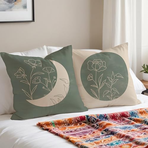 Boho Sage Green Floral Plant Pillow Covers 18x18 Set of 2, Sun and Moon Decorative Pillow Covers for Couches and Sofas, Line Plant Pillow Covers, Abstract Boho Throw Pillow Covers - color: Sunandmoon-02