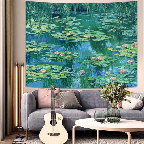 kampdream Landscape Tapestry, Scenery Art Wall Tapestries, Nature Wall Decor for Bedroom Living Room Backdrop Impressionist Pond Lotus 36×48 inches - color: Green Pond, size: 48"L x 36"W