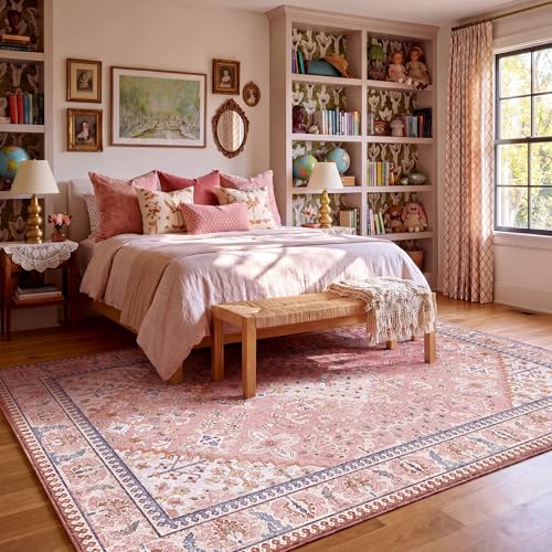 9x12 Area Rugs for Living Room, Machine Washable Low Pile Rug, Non Slip Backing Boho Rugs for Bedroom, Printed Soft Vintage Carpet Peach Pink 9 x 12 - color: 08/Peach/Soft Blush/Thistle/Terracotta, size: 9' x 12' (Rectangular)