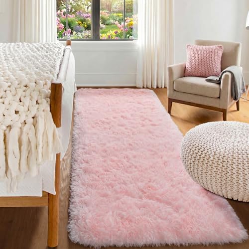 ONASAR Pink Runner Rugs for Bedroom Living Room, 2x6 Bedside Hallway Fluffy Area Rug, Ultra Soft Plush Furry Faux Fur Non Slip Floor Carpet for Nursery Kids Dorm Closet Home Decor Aesthetic - color: Light Pink, size: 2' x 6' (Runner)