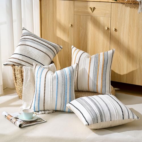 Farmhouse Throw Pillow Covers 18x18 Accent Fall Pillow Cover Boho Pillows Textured Woven Pillow Cases Striped Decorative Mustard Yellow Cushion Cases for Couch Sofa Bed Living Room(Pack of 1) - color: Orange, size: 18" x 18" (Pack of 1)