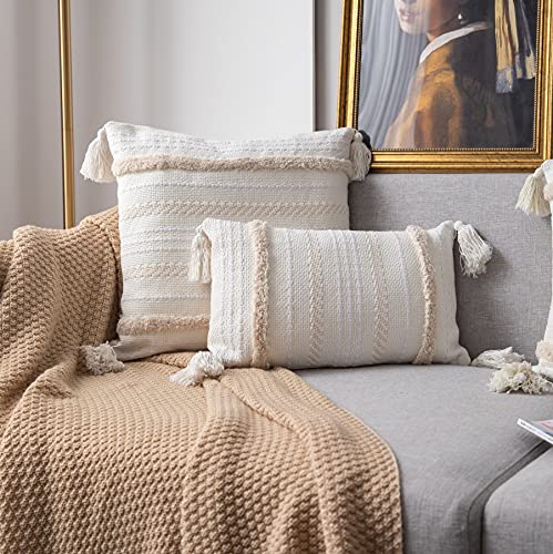 Boho Lumbar Throw Pillow Cover for Bedroom and Living Room Bohemian Tufted Decorative Cushion Cover Farmhouse Throw Pillow Case with Tassels (Cream, 12"x20") - size: 20" x 12" (Pack of 1)