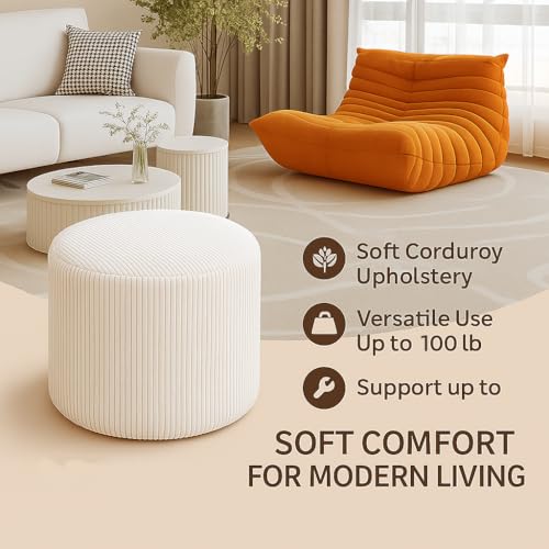 Corduroy White Ottoman Foot Rest Stool – Textured Boucle Corduroy Fabric Footstool with Soft Foam, Round Lightweight Pouf for Cozy Living Room, Bedroom – Warm White - color: Corduroy White