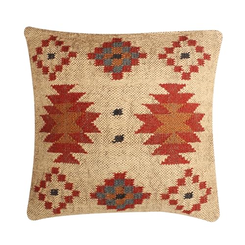 Handwoven Indian Jute Kilim Pillow Covers Rug Cushion Cases 18x18 Inches, Bohemian Vintage Decorative Throw Pillows for Home, Living Room & Farmhouse Décor - color: Pattern 12