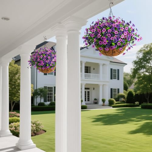 Artificial Flowers Hanging Baskets, Multicolor 12 Bundles Faux Flower Outdoor Hanging Basket Spring Summer Decoration, Fake Flowers Plants for Porch Patio Balcony Home Yard Decor(Two purples) - color: Two Shades of Purple