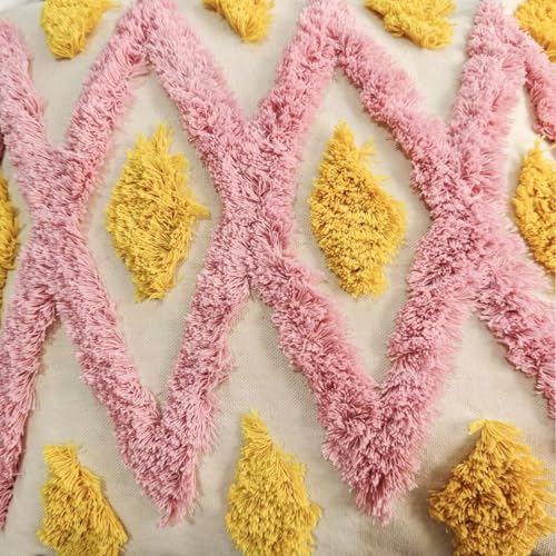 Andreannie Pack of 2 Boho Tufting Throw Pillow Cover Embroidered Textured Cushion Cover with Tassels Soft Home Decororative for Couch Sofa 18x18 inch (Pink and Yellow) - color: Pink and Yellow
