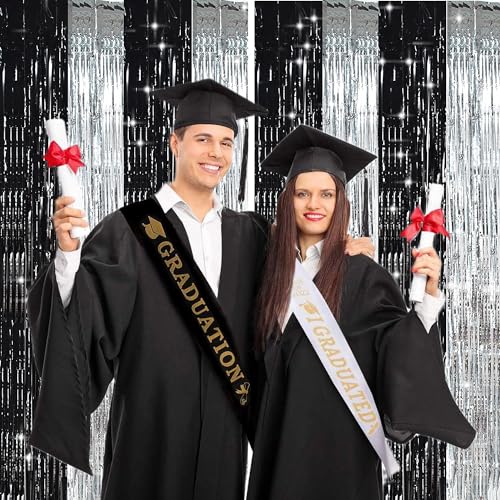 TONIFUL Silver Black Door Streamers,Silver and Black Photo Booth Backdrop Metallic Streamers Foil Fringe Curtain for Birthday,New Year,Graduation,Grad,Bachelorette Party Streamers Decoration - color: Black Silver Gold