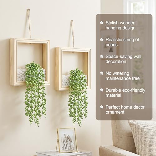 2 Pack Fake Plants Hanging, Artificial Succulents Plants in Square Wooden Frame with Glow Accents, Boho Wall Decor for Office Living Room Bathroom Bedroom Kitchen Indoor Outdoor, Natural Wood - color: Natural Wood