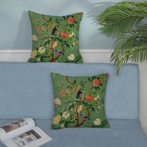 Green Chinoiserie Pillow Covers 16x16 Inch 2 Pcs Vintage Floral Birds Decor Throw Pillows Boho Flower Seasonal Spring Summer Outdoor Decoration Pillowcase Linen Cushion Cover for Couch - color: Green Boho Floral Birds, size: 16" x 16" (Pack of 2)
