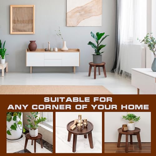 Demigo Indoor Plant Stand, Acacia Wooden Decorative Plant Shelf with Spill-Proof Tray, Stable 8” Tall Flower Holder for Heavy Pots, Gardening Display for Decor Living Room Patio - Dark Brown - color: Dark Brown, size: Medium