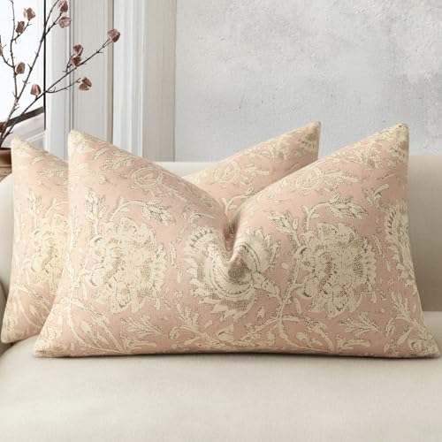 Vintage Floral Print Throw Pillow Covers 12x20 Set of 2 Neutral Modern Farmhouse Pillowcases Accent Decorative Cushion Covers Boho Home Decor for Couch Sofa Chair Bed Living Room, Champagne Pink - color: Champagne Pink, size: 20" x 12" (Pack of 2)
