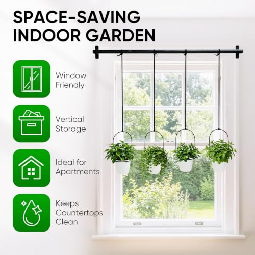 Hanging Planters for Indoor Plants with 4 Pots, Adjustable Window Plant Rod, Space-Saving Herb Garden Holder for Wall or Ceiling Mount (40in-4 Hanging basins)