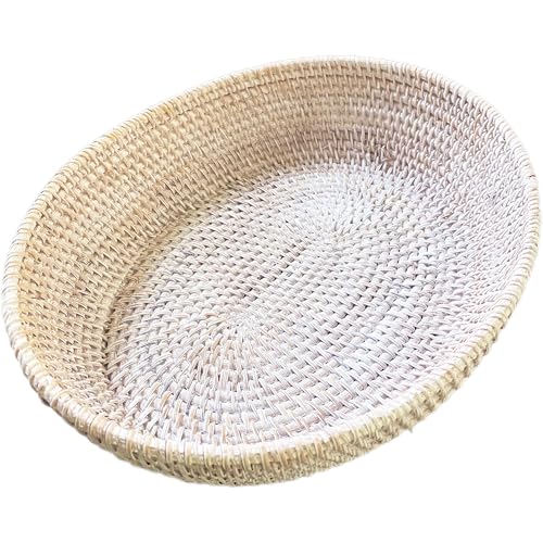 amololo16" Oval White Rattan Fruit Serving Basket with 4inch High Wall,Home Décor Wicker Basket Tray Large Rattan Dining Table Centerpiece Bowl for Various Things,Bread,Snack,Odds and Ends - color: Wash White(15.7"x13.4x4")