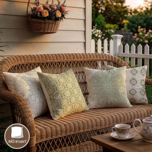 OBSEDE Sage Green Boho Decorative Throw Pillow Covers 18x18 Set of 4 Faux Linen Cushion Cases Single-Sided Print Light Green Mandala Accent Pillows for Couch Sofa - color: Sage Green Boho