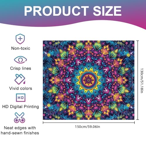 CRAFTYMELODY Mandalas Blacklight Tapestry Glow in the Dark Tapestry UV Reactive Multicolor Mandalas Wall Hanging 59×51 Inch with Hook Self Adhesive Sticker Clip for Bedroom Home Wall Decoration - color: Mandalas