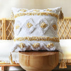 Boho Pillow Covers 18X18 Inch White Yellow Tufted Throw Pillow Covers Decor Tassels Cushion Cover Pillow for Sofa Handmade Embroidery Couch Pillow Covers Retro Boho Pillowcase Covers