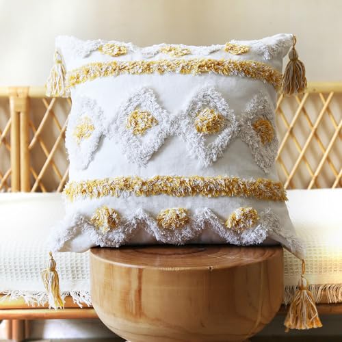 Boho Pillow Covers 18X18 Inch White Yellow Tufted Throw Pillow Covers Decor Tassels Cushion Cover Pillow for Sofa Handmade Embroidery Couch Pillow Covers Retro Boho Pillowcase Covers