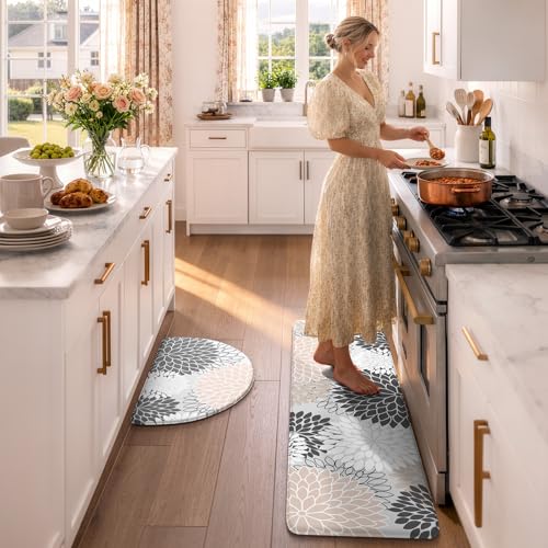 KIMODE Half Circle Kitchen Mats for Floor Cushioned Anti Fatigue,Semi Round Boho Kitchen Rug Sets of 2 Non Slip,Waterproof Memory Foam Comfort Mat Carpet Decor for Sink Laundry Bathroom,Pink - color: Pink/Grey, size: 18" x 28"+18" x 47"-0.47 inches
