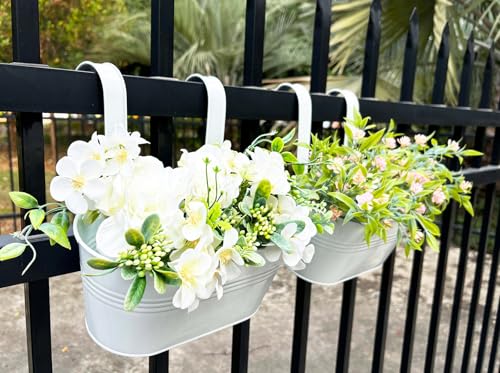 10" Hanging Flower Pots, Pack of 2 White Metal Outdoor Patio Balcony Planter, Railing Planters Fence Pot with Detachable Hook & Drainage Hole for Small Plants (White, 2Pcs) - color: White