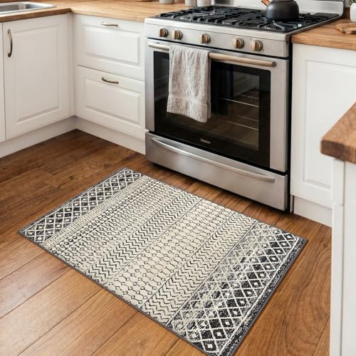 Moroccan Area Rug, 2x3 Black Distressed Entryway Rug Non-Slip Small Rug, Soft Low-Pile Washable Indoor Door Mat Floor Carpet for Entrance Bedroom Kitchen Bathroom - color: Black, size: 2' x 3' (Rectangular)
